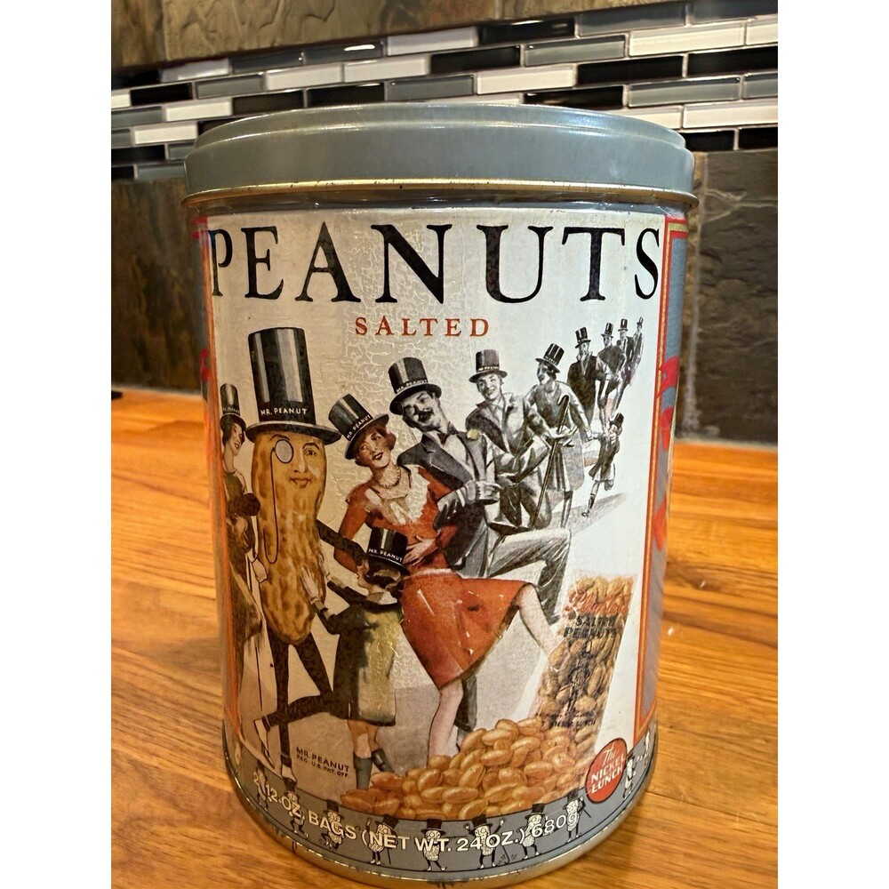 Planters Nuts Salted Peanuts Advertising Tin Canister w/ Gray Lid 1989 (052)